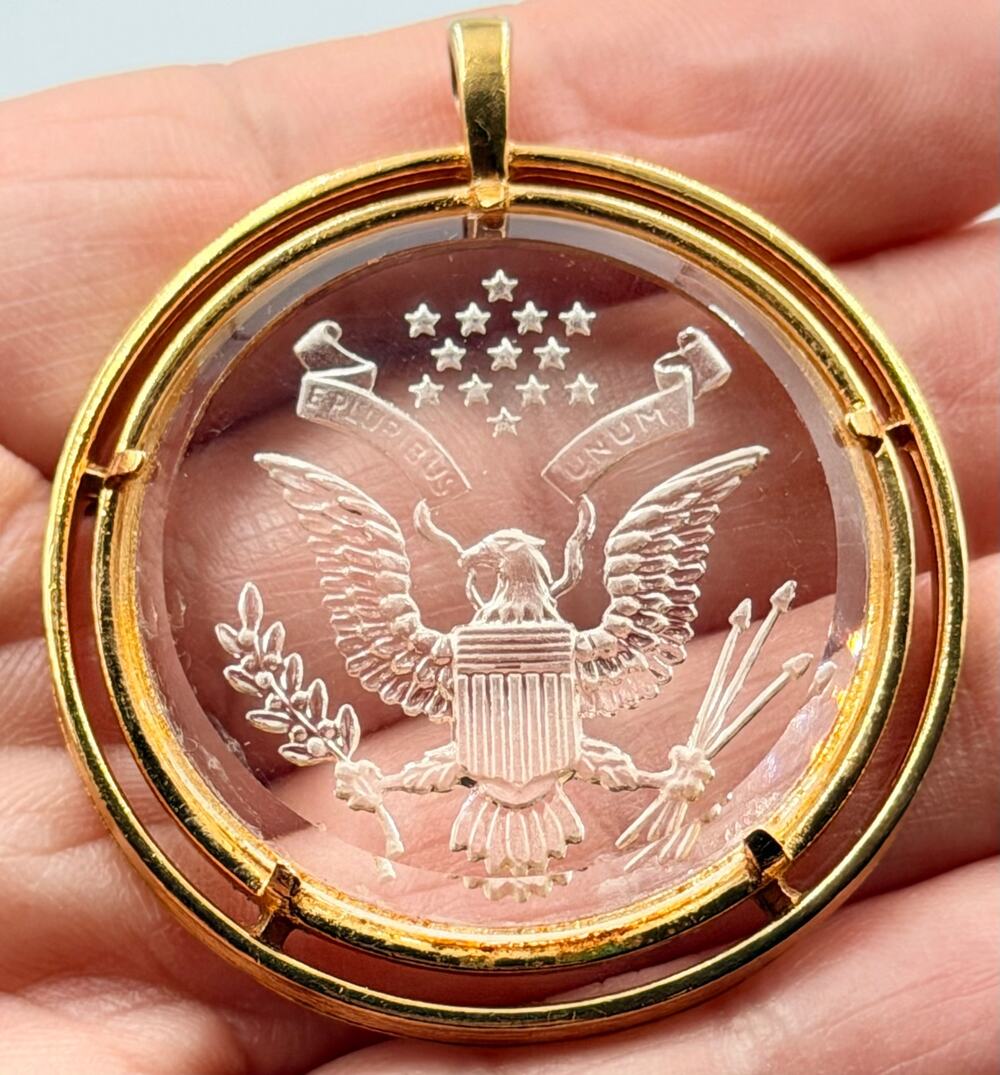 Vintage Crown Trifari American Eagle Stars & Stripes Reverse Glass Cameo Pendant